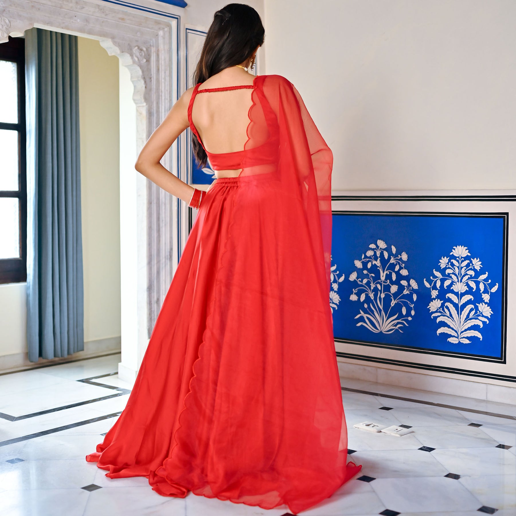Designer Red Lehenga Saree With embroidered Dupatta and Stitched Blous –  www.soosi.co.in